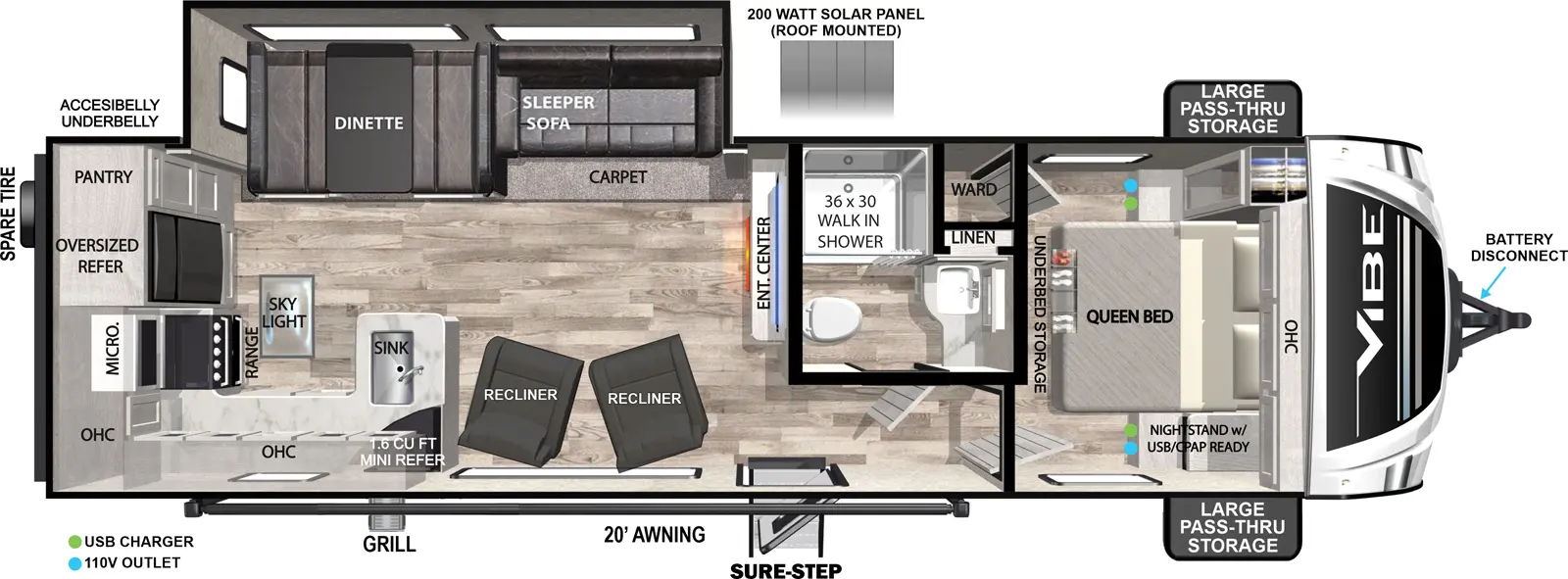 The Vibe West 26RK floorplan has one entry and one slide out. Exterior features include: fiberglass exterior, 20' awning and outside kitchen. Interiors features include: rear kitchen and front bedroom.